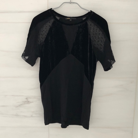 Maje Velvet and Mesh Dot Short Sleeve Top - Picture 2 of 6